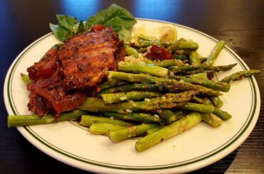 Italian marinara with roasted asparagus and grilled salmon