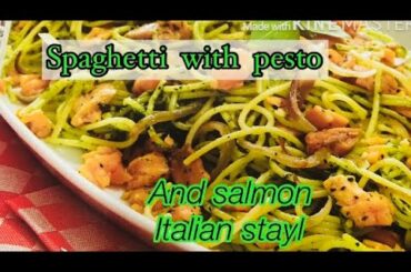 Pesto sauce and salmon fish with spaghetti  recipe Italian style