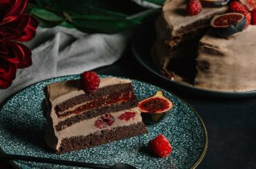 Chocolate Mascarpone Cake with Caramelized Figs and Raspberries