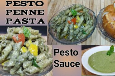 Cheesy Pesto Penne Pasta Recipe | How to make Pesto Sauce | Italian Basil Pesto Sauce | Homemade