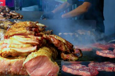 Italy Street Food. Maxi Grills of Mixed Meat, Huge Pork Skewers and more. Italian Food Event