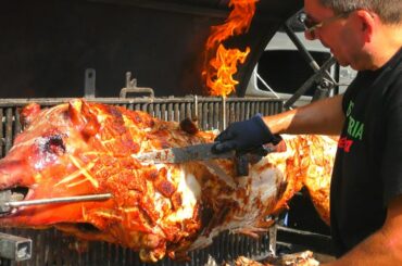 Italy Street Food. Roasted Pork, Grilled Beef and Lamb Sausages, Seafood, Pizza and more