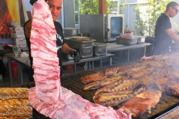 Italy Street Food. Huge Ribs on Grill, Sausages, Stuffed Sandwiches and more Food