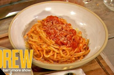Chef Pilar Valdes and Drew Cook Delicious Amatriciana Pasta by Marcella Hazan | Drew's Cookbook Club