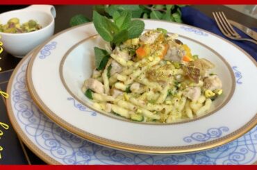 Trofie with Swordfish, Eggplants, Pistachios and Oranges. Easy, Quick and Delicious Italian pasta