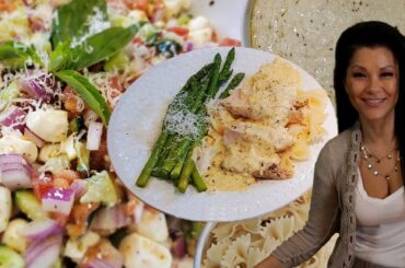 *Low-Carb* Creamy Chicken Alfredo, Mediterranean Salad, and Truffle Parmesan Asparagus