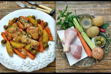 Pollo in padella- one pot chicken with white wine and mixed vegetables.