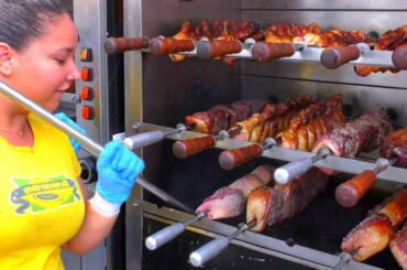 Huge Italian Street Food Festival. Tons of Meat on Grill, Whole Pork, Picanha, Churrasco, Kielbasa