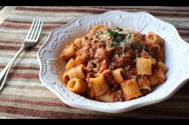 Bolognese Sauce - Marcella Hazan-Inspired Meat Sauce Recipe - Rigatoni Bolognese