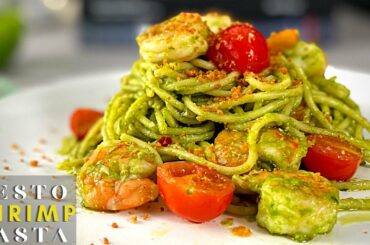 Shrimp Pasta in an Italian no-nut Pesto.