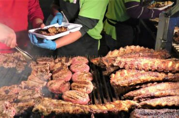 Italy Street Food. Grilled Meat Blocks, Pork, Beef, Sausages, Fried Seafood, Raclette, Pofferties