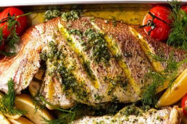 Whole Baked Fish - Herb Stuffed, with Garlic Butter Dill Sauce