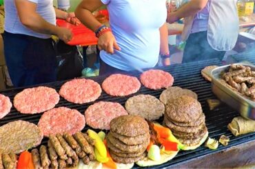 Large Burgers, Roast Beef Blocks, Pork Knuckles, Churrasco, Grilled Octopus. Italy Street Food
