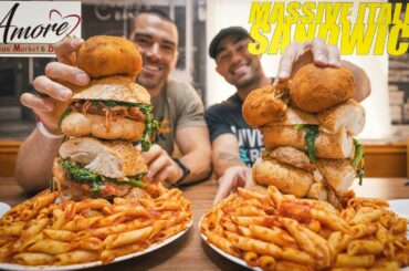 MASSIVE ITALIAN 3 STACK SANDWICH CHALLENGE w/2 MONSTER RICE BALLS | Feat. NICK DOMPIERRE!