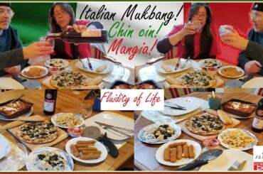 MUKBANG Italian Mangia Chin cin! Wine, Lasagna,Truffle Pizza, Bread-Mozzarella Sticks, Alfredo Pasta