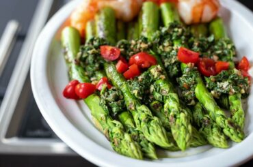 Grilled Asparagus Recipe with Italian Salsa Verde & Tiger Prawns