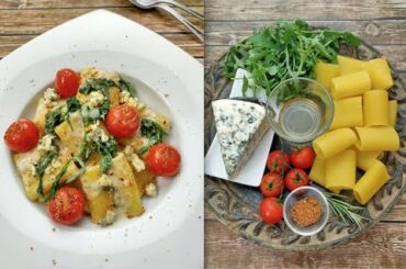 Paccheri with blue cheese, white wine, rucola caramelized tomatoes, rucola & dried orange zest.