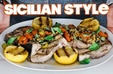 Grilled Swordfish Recipe Sicilian Style + Pan Roasted Tomato-Olive Topping