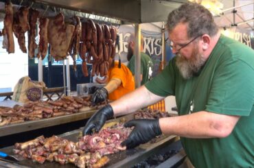 Beef and Sausages on the Grill. Ireland Style. Street Food Fair in Italy