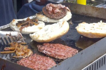Burgers, Sausages, Steaks. Traditional Italian Beef and Meats on Grill. Street Food Festival