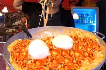 Italy Street Food. Huge Pan of Italian Pasta 'Orecchiette' and 'Burrata' Cheese. Apulia, Puglia