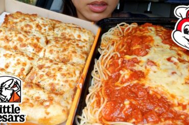 ASMR EATING LITTLE CAESARS PIZZA JOLLIBEE CAR MUKBANG ITALIAN CHEESE BREAD REAL SOUND TWILIGHT SHOW