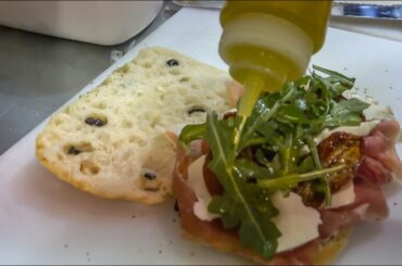 Italian Sandwich, San Daniele Prosciutto, Buffalo Mozzarella on Focaccia Bread. London Street Food