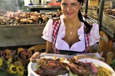 Street Food from Germany. Massive Dose of Grilled Meat. Huge Sausages, Pork Knuckles, Ribs, Chicken