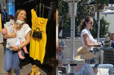 Katharine McPhee and David Foster dine al fresco in Montecito with their six-month-old son Rennie