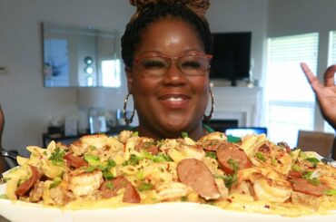 JAMBALAYA ALFREDO PASTA SHRIMP ANDOUILLE SAUSAGE CHICKEN ASMR COOKING SOUNDS