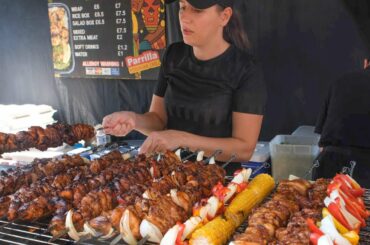 Street Food from Peru, South America. Beef Skewers on Grill, London
