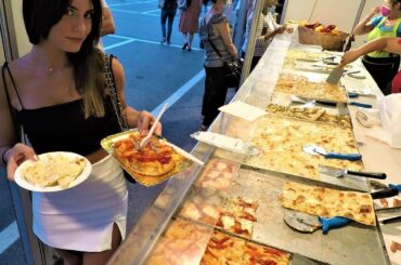 Italy Street Food. Cooking and Tasting Cheese 'Focaccia', Pepper 'Bruschetta', 'Farinata', Pizza