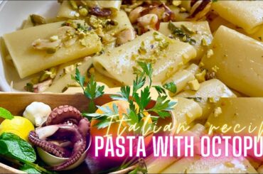 Italian pasta recipe with octopus and pistachio