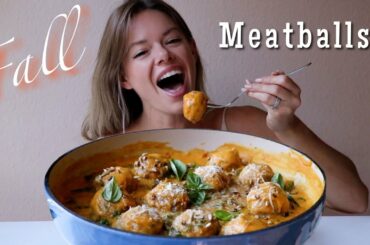 Italian Sausage Meatballs MUKBANG w/ Butternut Squash Brown Butter Sauce, Kale + Sunflower Seeds!