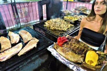 Street Food from Italy. Huge Grills of Meat. Pork Sausages, Ribs, Chicken. Pepero Festival