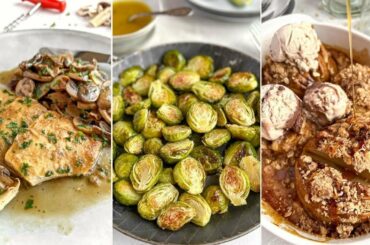 VEGAN DINNER 009: Pan-fried tofu with mushrooms | Brussels Sprouts two ways | Hasselback apples