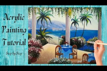 Italian Villa With Beach View Painting | Step by Step Acrylic Painting Tutorial || Beach Painting ||