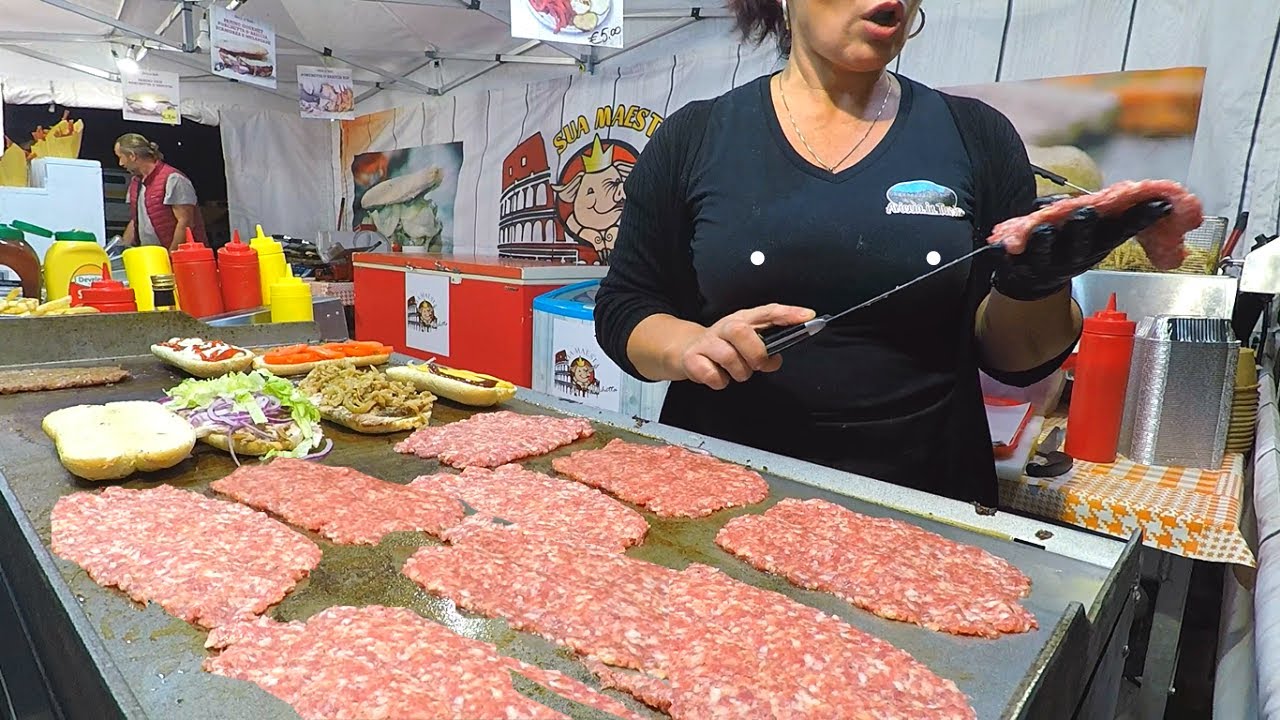 Italy Street Food. Roasting Tons of Ribs, Whole Porks, Huge Hamburgers and more Food Italy Street Food. Roasting Tons of Ribs, Whole Porks, Huge Hamburgers and more Food