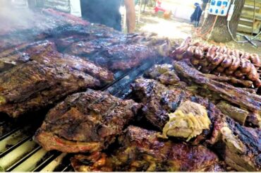 Italy Street Food. Grilled Meat, Burgers, Mortadella, Burrata with Blue Cheese, Seafood, Sweets
