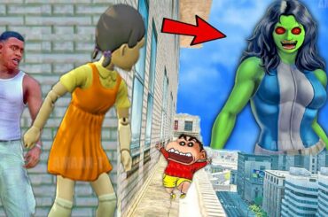 Franklin and Shinchan & Pinchan play HIDE AND KILL with Squid Game Doll In GTA 5