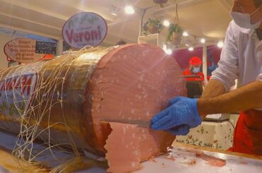 Italy Street Food. Giant 'Mortadella', 500 Kg. of Polenta with Cod, Juicy Churrasco and more Food