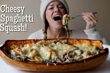 Cheesy Spinach + Artichoke Twice Baked Spaghetti Squash MUKBANG w/ Italian Sausage + Lemony Sauce!