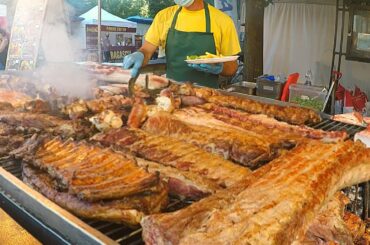 Italy Street Food. Best of Brazilian Meat on Huge Grill, Big Load of Burgers and more Food