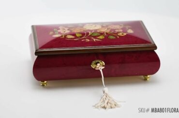 MBA801FLORAL RW - Beautiful 18 Note Red-Wine Floral Inlay Musical Jewelry Box with Lock and Key