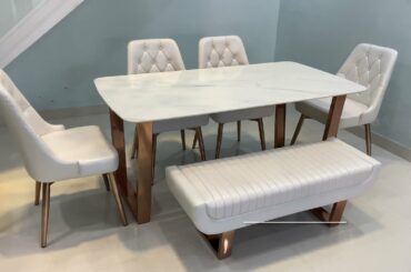 Indiskie Siz Seater Dining Table Stainless Steel Rose Gold  Satvario Italian Marble Top