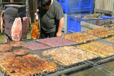 Italy Street Food. Ribs Roasted on Stove, Mixed Meat on Grill, German Strudel, Burgers and more Food