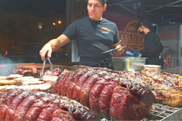 Italy Street Food. Swords of Meat with Cheese, Huge Grills Full of Mixed Meat, Churrasco, Piacanha