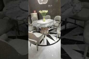 Luxury Italy style Oak wood Round Marble Dining table with 6 chairs Villa Restaurant house Furniture