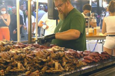 Italy Street Food Festival. Best Irish Mixed Meat on Grill, Argentinian Asado, Ribs, Mexican Fajitas