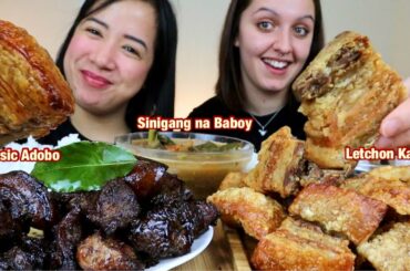 Italian Foreigner trying Mukbang Filipino Foods | Classic Adobo + Lechon Kawali + Sinigang na Baboy